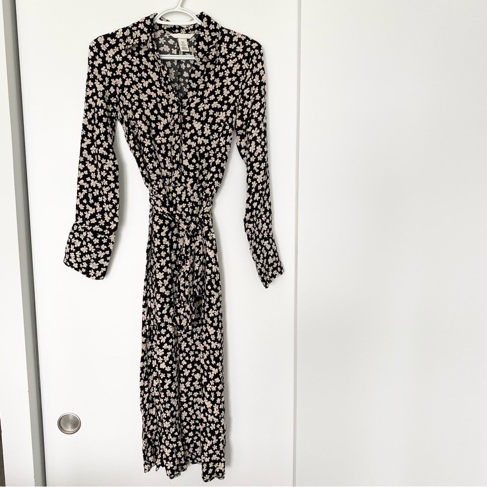 H&M Floral Maxi Long Sleeve Shirt Dress w Tie Belt & Collar